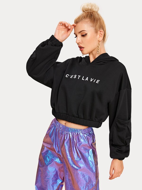 

Letter Graphic Drop Shoulder Crop Sweatshirt, Black, Tasha
