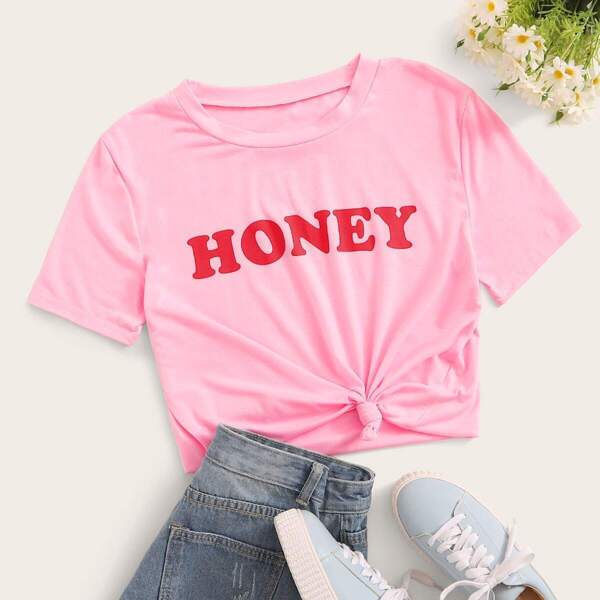 

Letter Graphic Round Neck Crop Tee, Pink