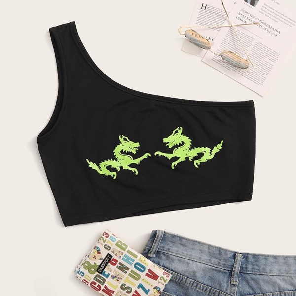 

Dragon Print One Shoulder Crop Top, Black