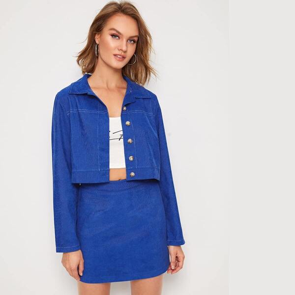 

Topstitching Single Breasted Corduroy Jacket & Skirt Set