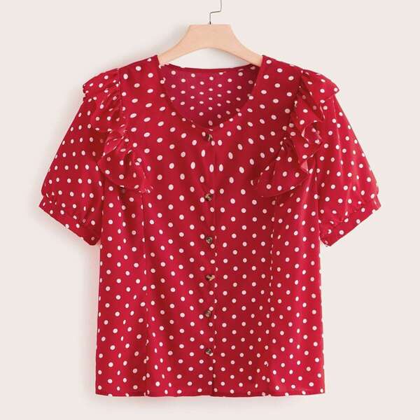 

Plus Polka Dot Frill Trim Blouse, Red