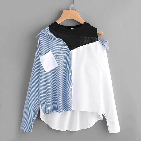 

Plus 2 In 1 Spliced Stripe Asymmetrical Blouse, Multicolor