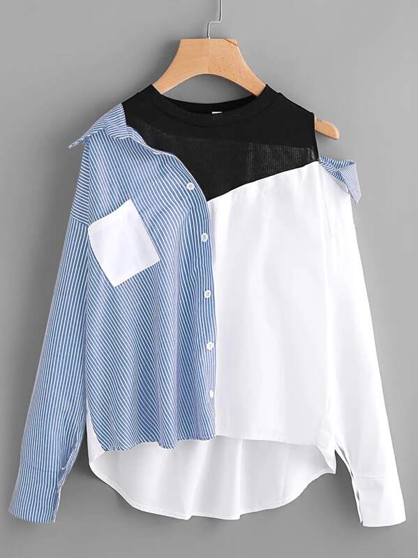 

Plus 2 In 1 Spliced Stripe Asymmetrical Blouse, Multicolor