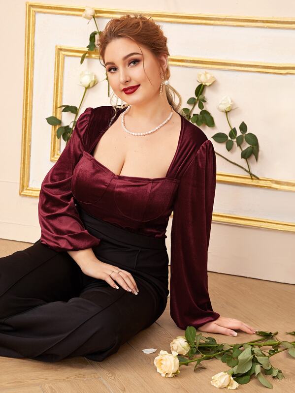 

Plus Solid Square Neck Velvet Blouse, Burgundy, Nora