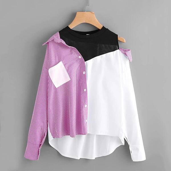 

Plus 2 In 1 Spliced Stripe Asymmetrical Blouse, Multicolor