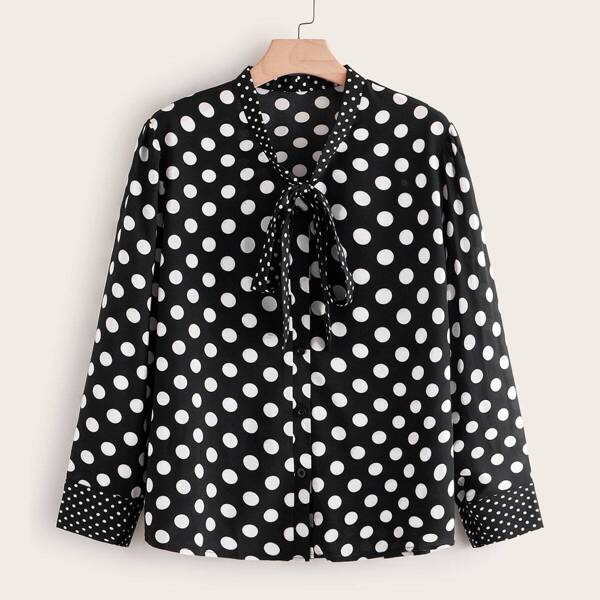 

Plus Polka Dot Tie Neck Blouse, Black