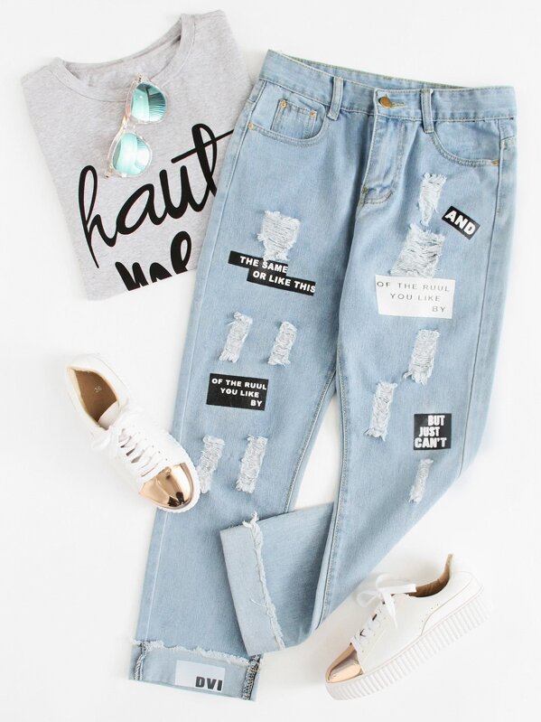 

Plus Slogan Graphic Ripped Boyfriend Jeans, Blue