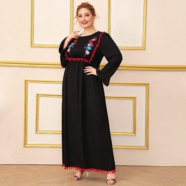 

Plus Embroidery Pom Pom Trim Smock Dress, Black