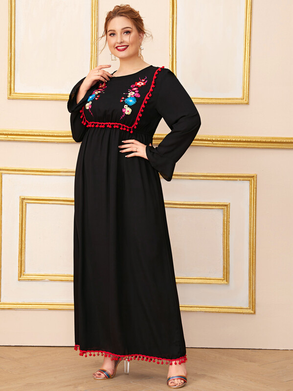 

Plus Embroidery Pom Pom Trim Smock Dress, Black, Nora
