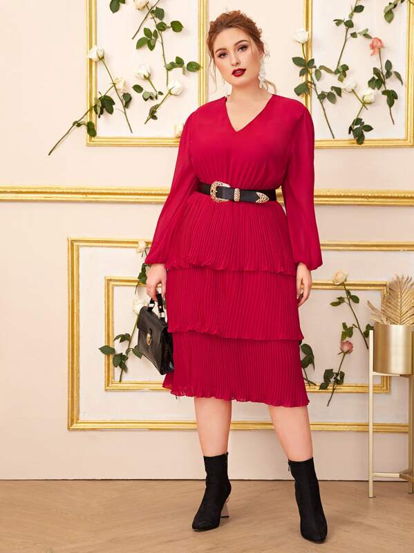

Plus Pleated V-neck Layered Hem Dress Without Belt, Red, Nora