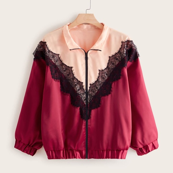 

Plus Contrast Lace Color-block Windbreaker Jacket