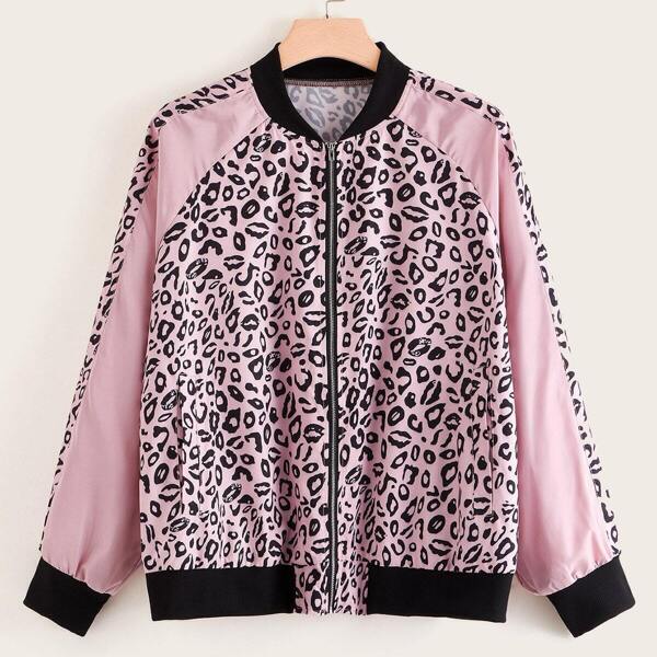 

Plus Leopard Raglan Sleeve Bomber Jacket