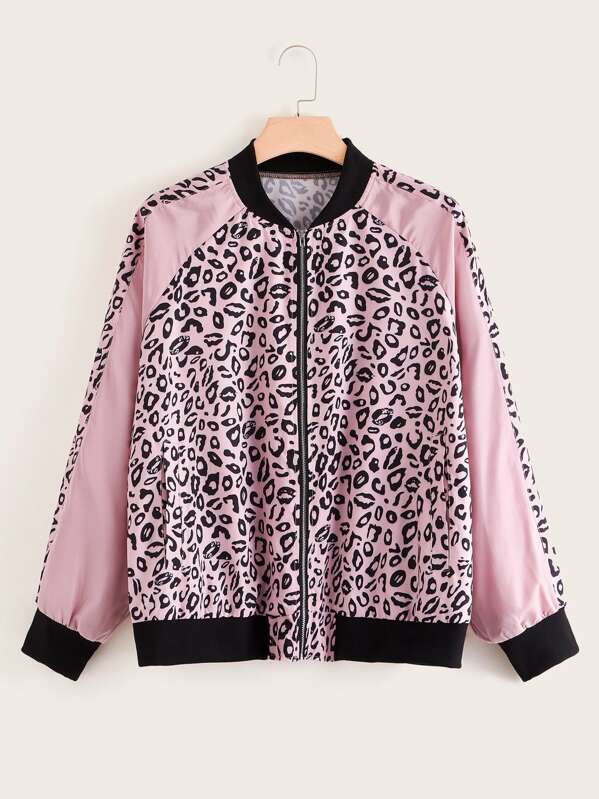 

Plus Leopard Raglan Sleeve Bomber Jacket, Pink