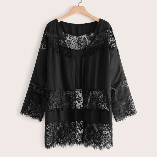 

Plus Solid Contrast Lace Open Front Kimono, Black