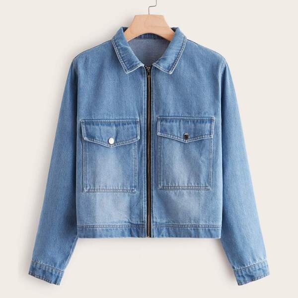 

Plus Zip-up Flap Pocket Front Denim Jacket, Blue
