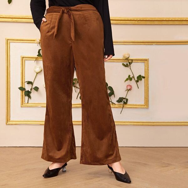 

Plus Solid Belted Flare Leg Corduroy Pants, Brown