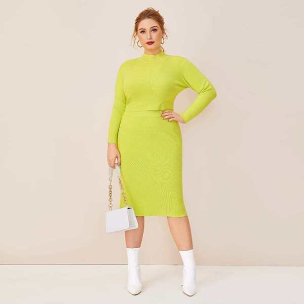 

Plus Neon Lime Mock Collar Jumper & Sweater Skirt, Green bright