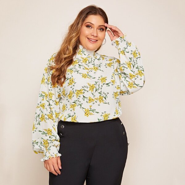 

Plus Ruffle Neck Ditsy Floral Print Blouse, White