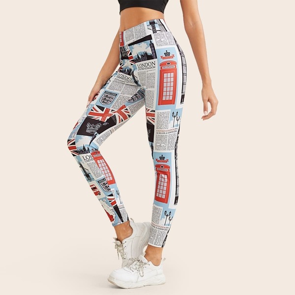 

Wide Band Waist Newspaper Print Leggings