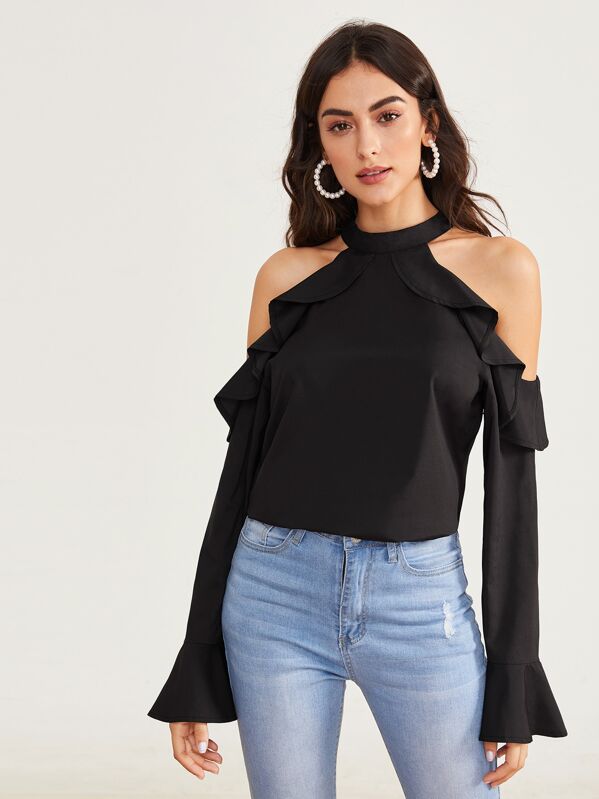 

Cold Shoulder Ruffle Trim Halte Blouse, Black, Carol A
