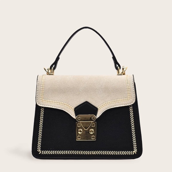 Two Tone Push Lock Satchel Bag