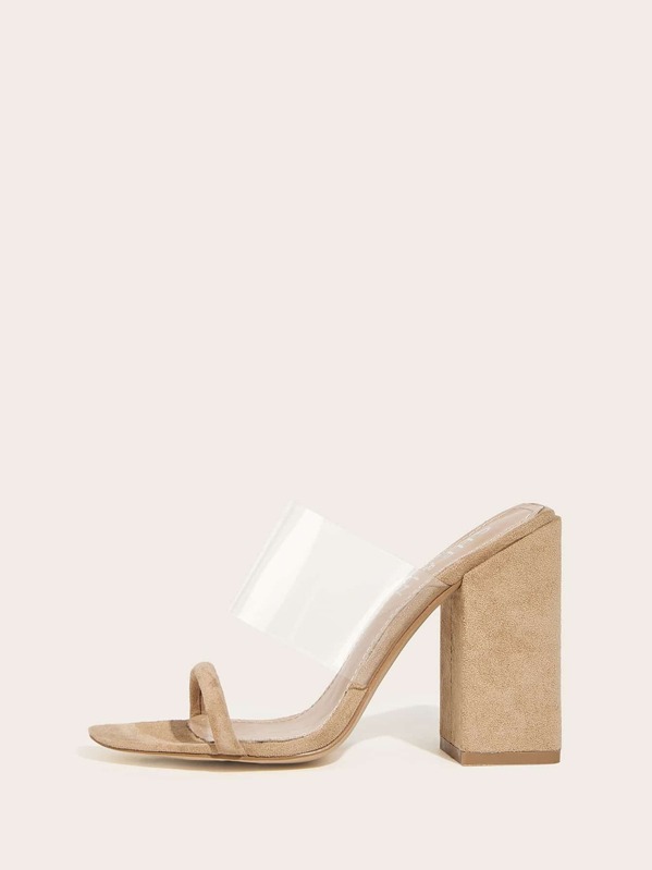 

Double Strap Suede Panel Chunky Heeled Mules, Beige