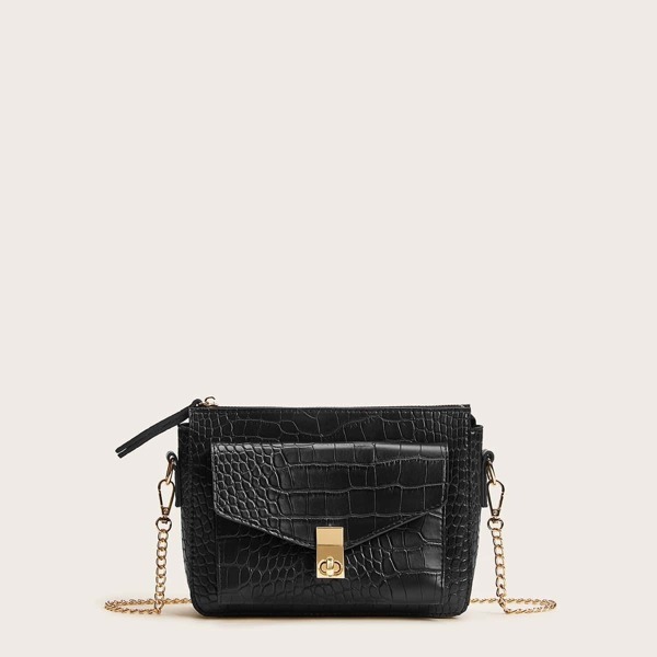

Twist Lock Croc Embossed Chain Crossbody Bag