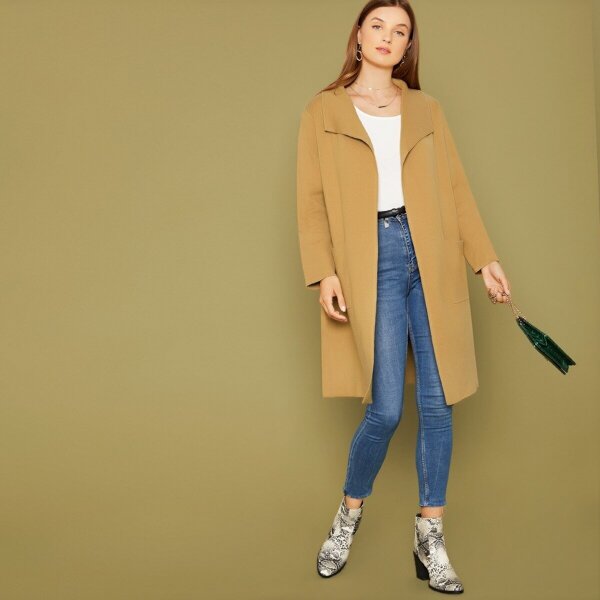 

Open Front Shawl Collar Knitted Longline Cardigan, Camel