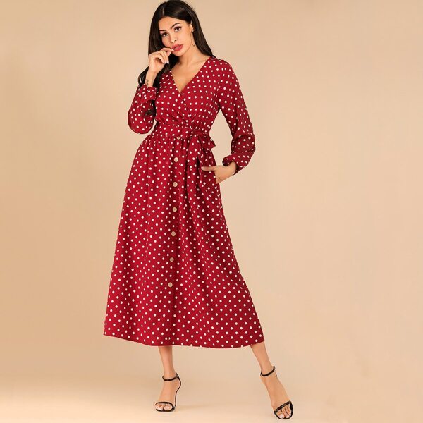 

Polka Dot Button Front Belted Dress