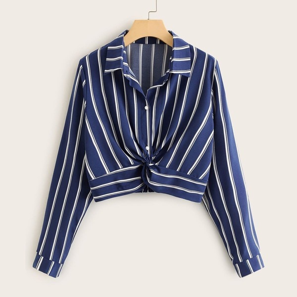 

Striped Twist Front Crop Blouse