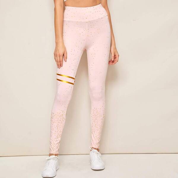 

Confetti Print Gold Stripe High Waist Leggings, Pink