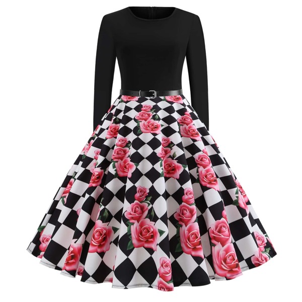 

Plus Floral & Checkered Print Fit And Flare Dress, Multicolor