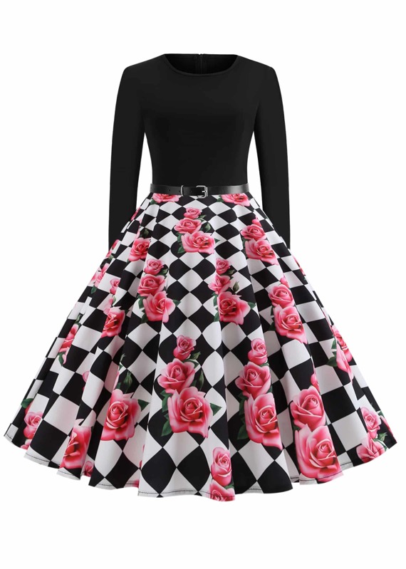 

Plus Floral & Checkered Print Fit And Flare Dress, Multicolor