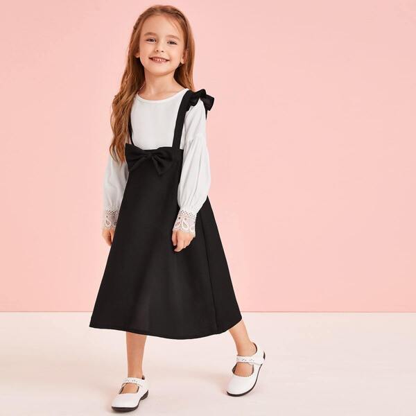 

Toddler Girls Contrast Lace Blouse & Bow Front Pinafore Dress, Black and white