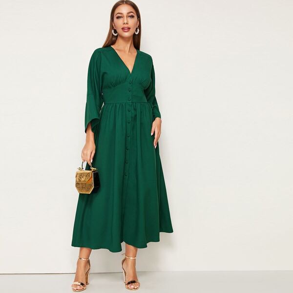 

Solid V Neck Button Through Dress, Green