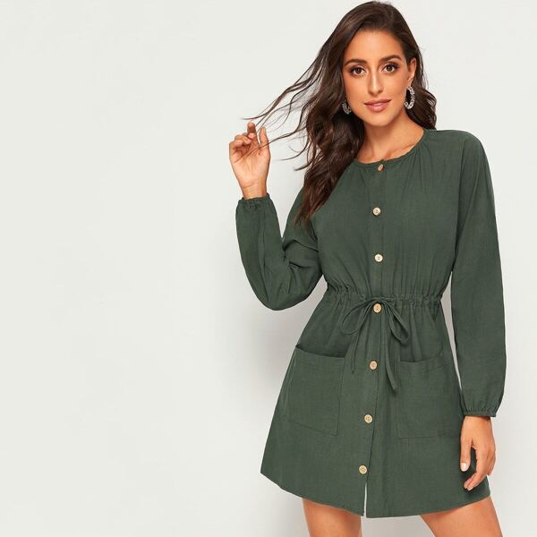 

Button Front Drawstring Waist Dual Pocket Dress