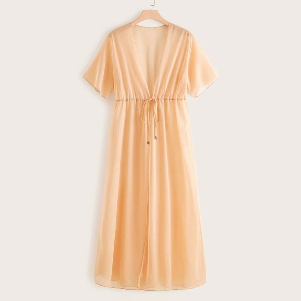 

Plus Tie Waist High Low Hem Mesh Kimono