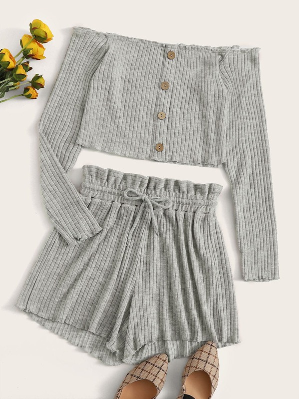 

Ribbed Bardot Tee & Drawstring Paperbag Waist Shorts, Grey