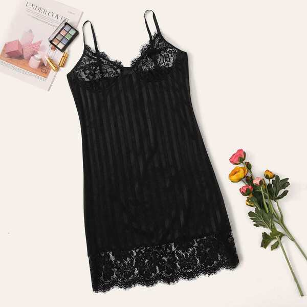 

Plus Contrast Lace Mesh Slips, Black