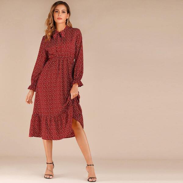 

Tie Neck Confetti Heart Print Ruffle Hem Dress
