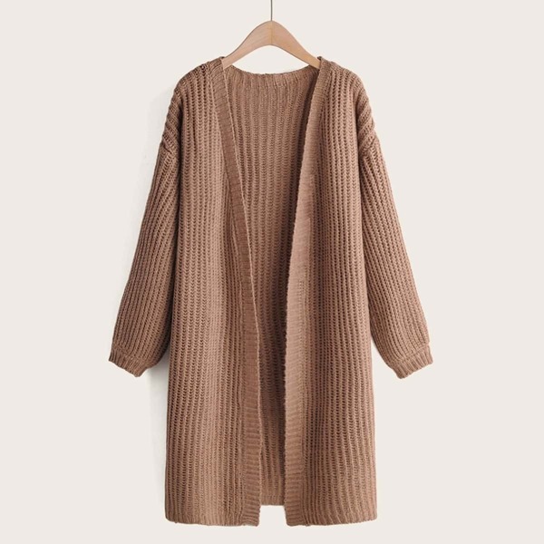 

Drop Shoulder Solid Longline Cardigan, Brown