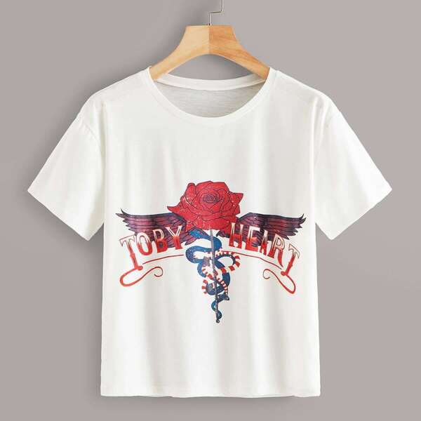 

Rose & Letter Print Tee, White