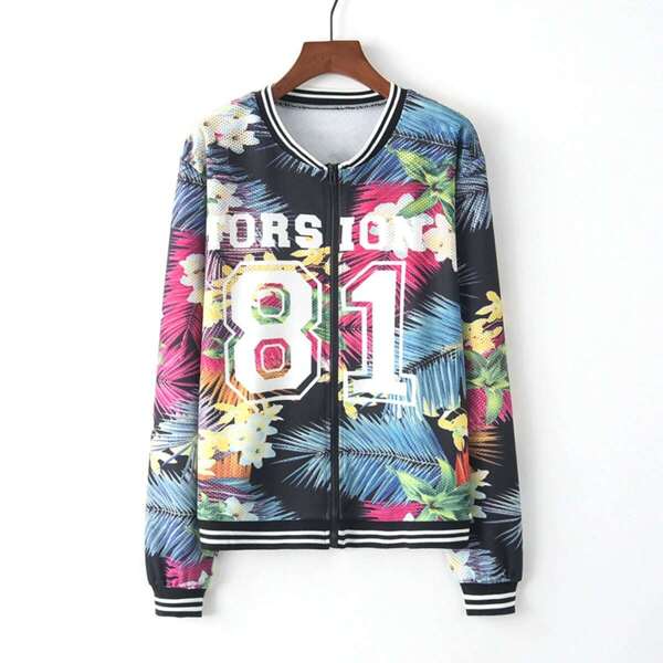 

Contrast Striped Letter And Botanical Print Baseball Jacket