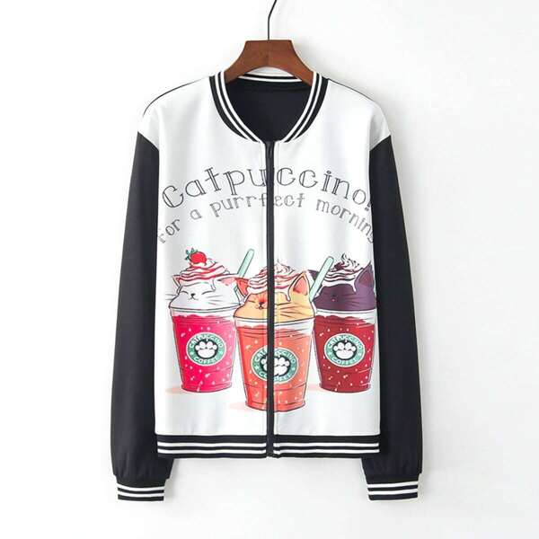 

Contrast Striped Letter And Cartoon Print Baseball Jacket