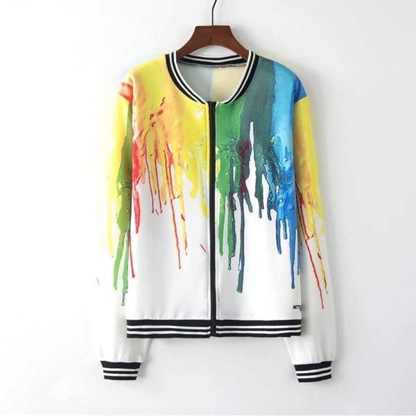 

Contrast Binding Paint Drip Print Baseball Jacket, Multicolor