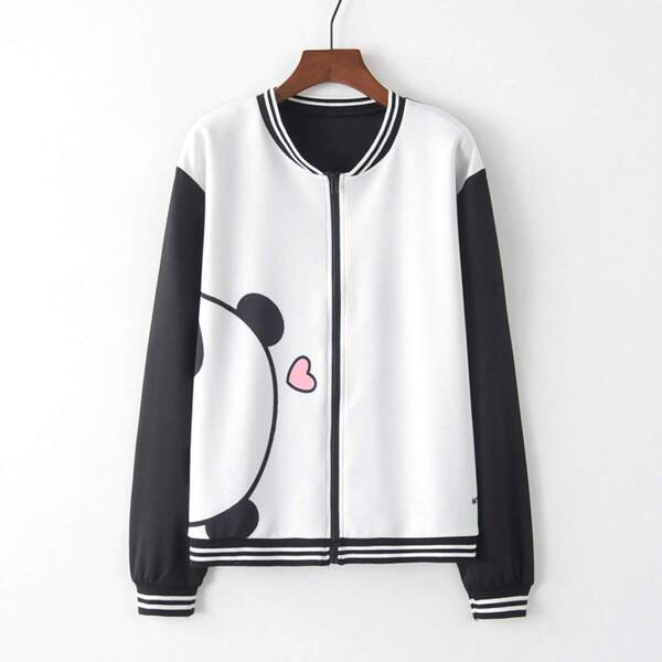 

Contrast Striped Panda And Heart Print Baseball Jacket, Black and white