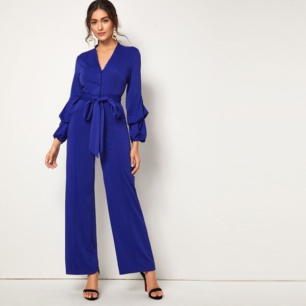 

V Neck Belted Wide Leg Shirt Jumpsuit, Blue bright