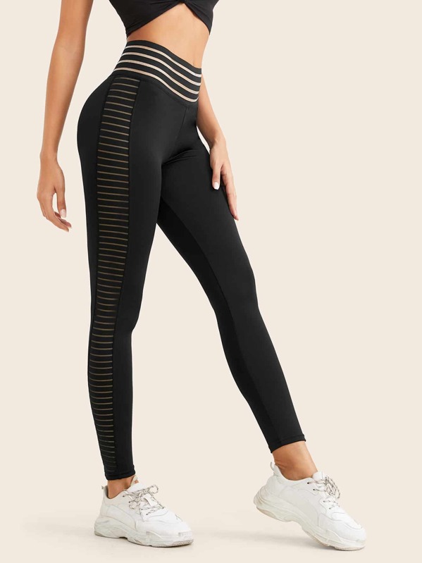 

Mesh Panel Striped Wideband Waist Leggings, Black, Giulia