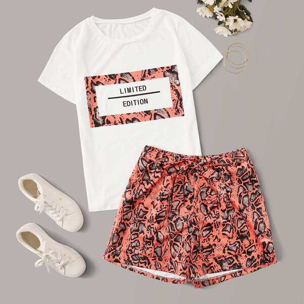 

Letter And Snakeskin Print Tee & Belted Shorts, Multicolor