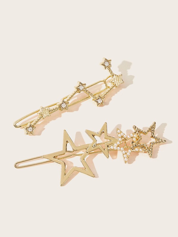 

Rhinestone Engraved Star Decor Hair Clip 2pcs, Gold